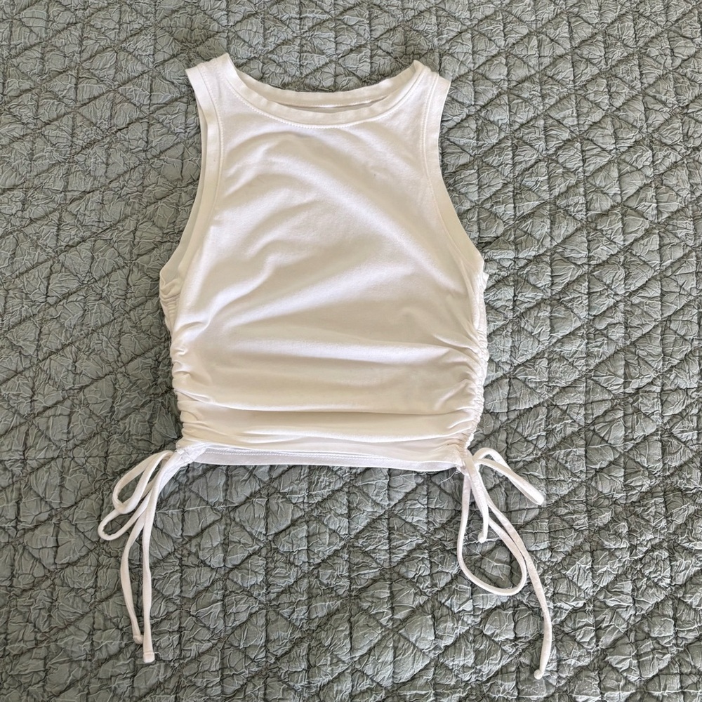 Hollister White Ruched Drawstring Cropped Tank Top